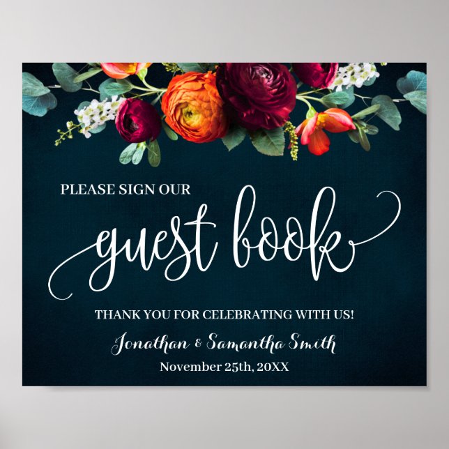 Vår bröllopsgästbok i vinrött och marinblått poster (Framsidan)