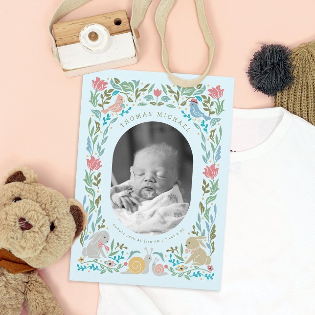 Vår Bunnies Birds Snigel Blue Photo Birth Inbjudningar (Skapare uppladdad)