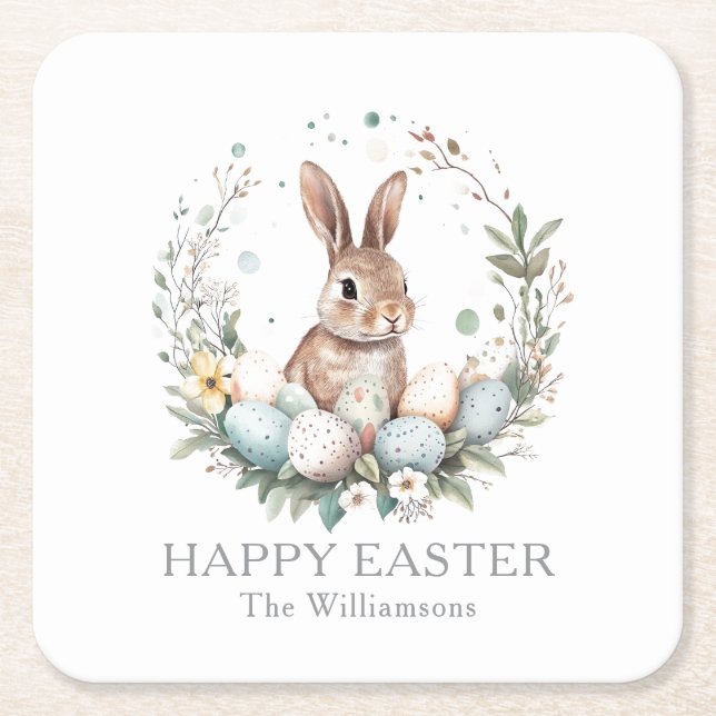 Vår Bunny Påskäggen Garland Personlig Underlägg Papper Kvadrat (Framsidan)