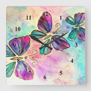 Vår Butterflies Wall Clock Watercolor Art Fyrkantig Klocka