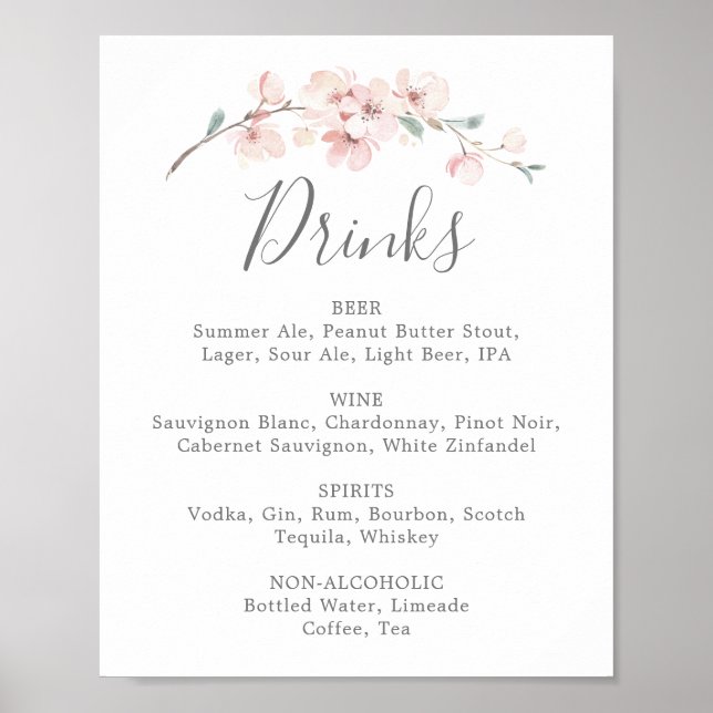 Vår Cherry Blommar Bröllop Drinks Menu Sign Poster (Framsidan)