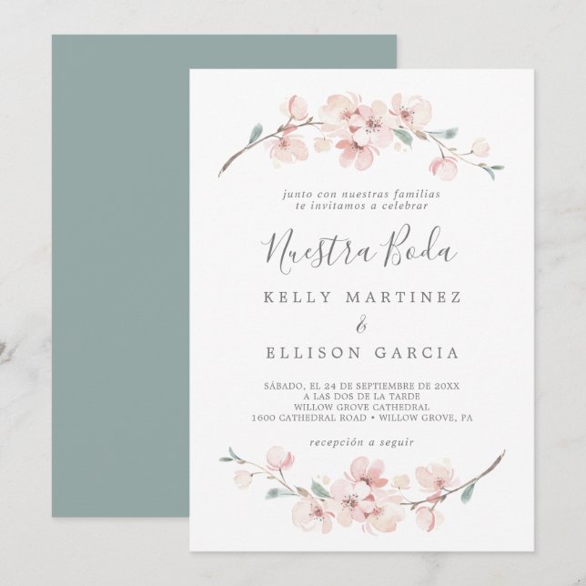Vår Cherry Blommar Spain Nuestra Boda Inbjudningar (Fram/baksida)