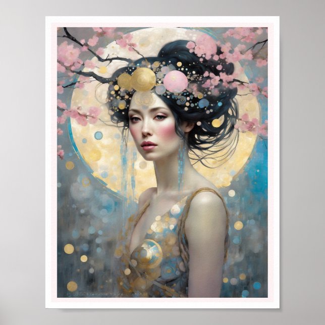 Vår Cherry Blommar Woman med Mörk Hair Circles Poster (Framsidan)