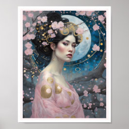 Vår Cherry Blommar Woman med Mörk Hair Guld Poster