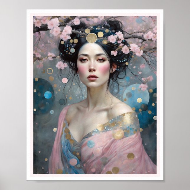 Vår Cherry Blommar Woman med Mörk Hair Poster (Framsidan)