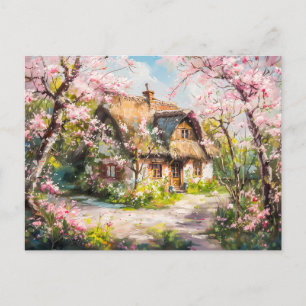 Vår Cottage with Blossoming Fruit Träd Vykort