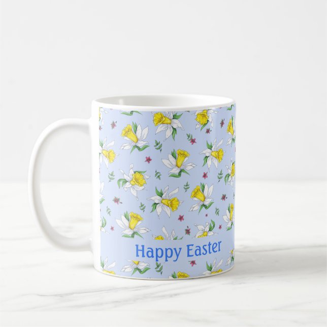 Vår Daffodils on Light Blue Glad påsk  Kaffemugg (Vänster)