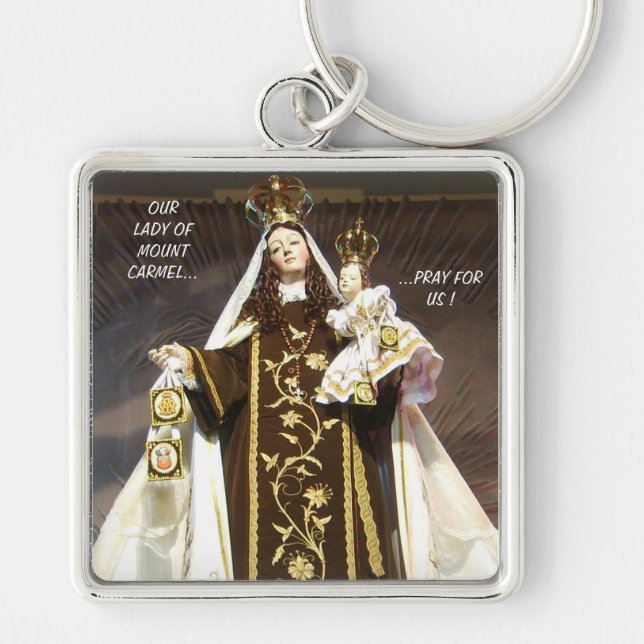 VÅR DAM AV MOUNT CARMEL.. PRAY FÖR OSS! FYRKANTIG SILVERFÄRGAD NYCKELRING (Framsidan)