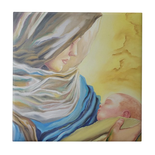 Vår Dam av tystnad som håller baby Jesus Kakelplatta (Framsidan)