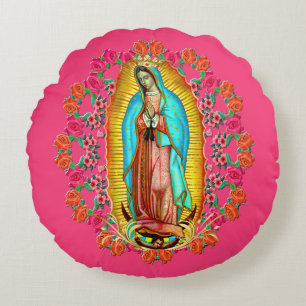 Vår Dam Guadalupe Virgin Mary Catholie Saint Rosa Rund Kudde