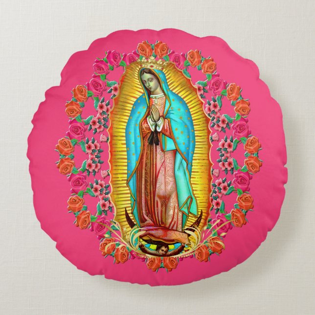 Vår Dam Guadalupe Virgin Mary Catholie Saint Rosa Rund Kudde (Framsidan)