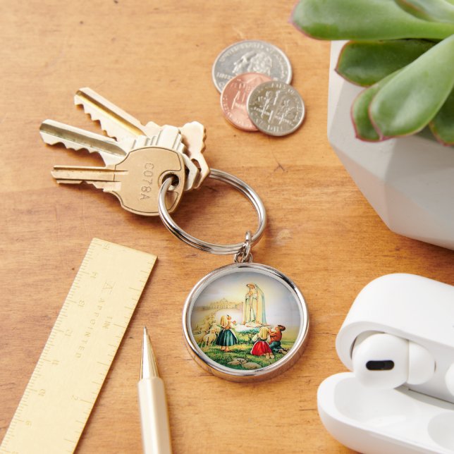 Vår Dam i Fatima 1917 Rund Silverfärgad Nyckelring (Skrivbord)