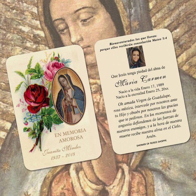 Vår Dam i Guadalupe Spanska begravningsbönen i Hel Visitkort (Our Lady of Guadalupe Catholic Funeral Prayer Card)