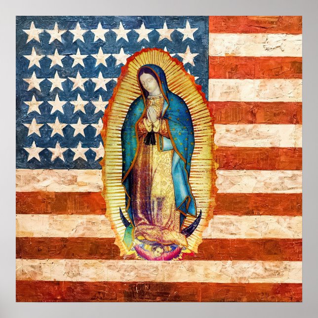 Vår Dam i Guadalupe & USA:s förenade Stater Flagga Poster (Framsidan)