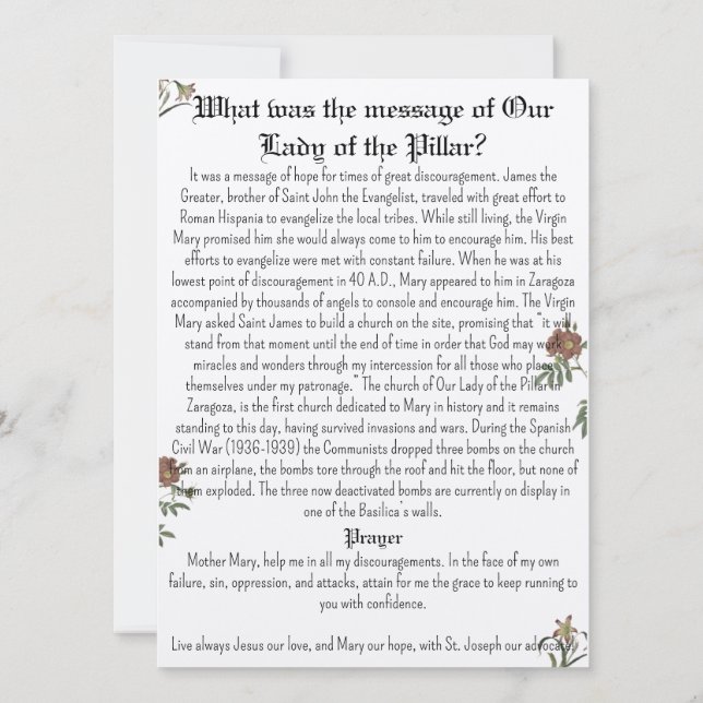 Vår Dam i Pillar Prayer-kortet Inbjudningar (Baksida)