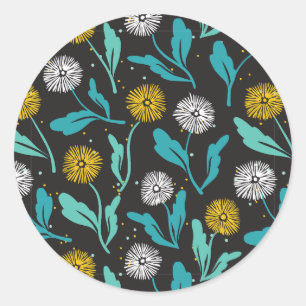 Vår Dandelion Flowers and Löv Design Runt Klistermärke