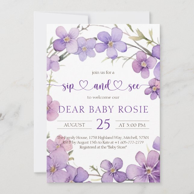 Vår Delikat Violettblommor Baby Sip och se Inbjudningar (Framsida)