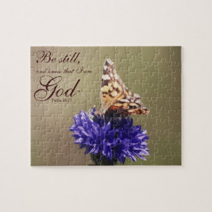 Var den stilla blomman för Psalm46:10fjärilen Pussel