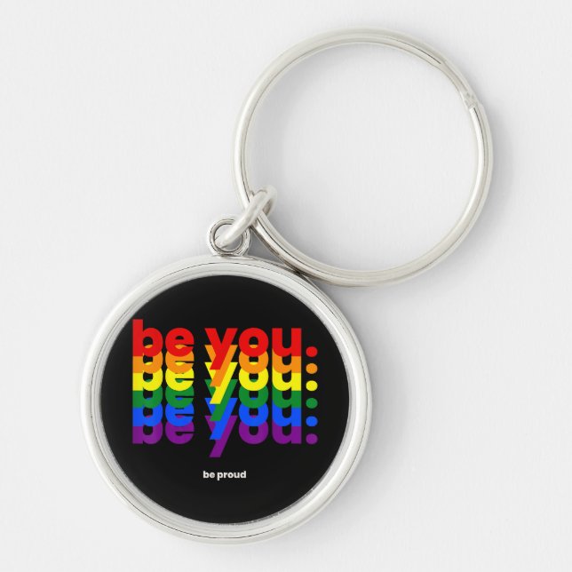 Var dig själv Var stolt HBTQ Pride Regnbåge Lesbis Rund Silverfärgad Nyckelring (Framsidan)