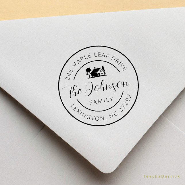 Vår diskussionsrunda i New House Adress Stämpel (Our New House Address Announcement Modern Rustic Round Rubber Stamp)