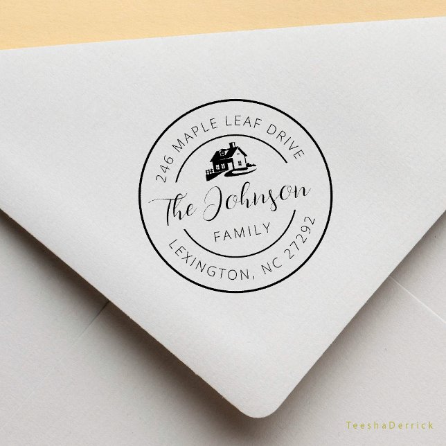 Vår diskussionsrunda i New House Adress Stämpel (Our New House Address Announcement Modern Rustic Round Rubber Stamp)