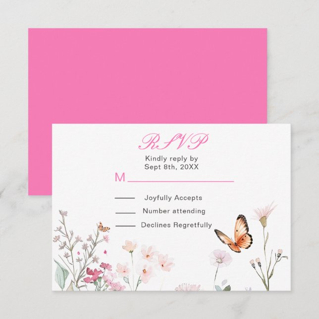 Vår Djup Rosa Fjäril Blommig Bröllop OSA Kort (Fram/baksida)