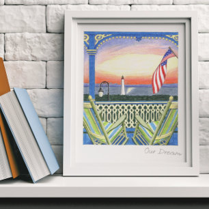 Vår Dream Beach House Porch Lighthouse Poster