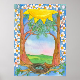 Vår Equinox Bird Nest Sunshine Träd Natature Poster