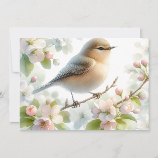 Vår Fågel Körsbärsblomning Blommig Akvarell Julkort (Framsida)