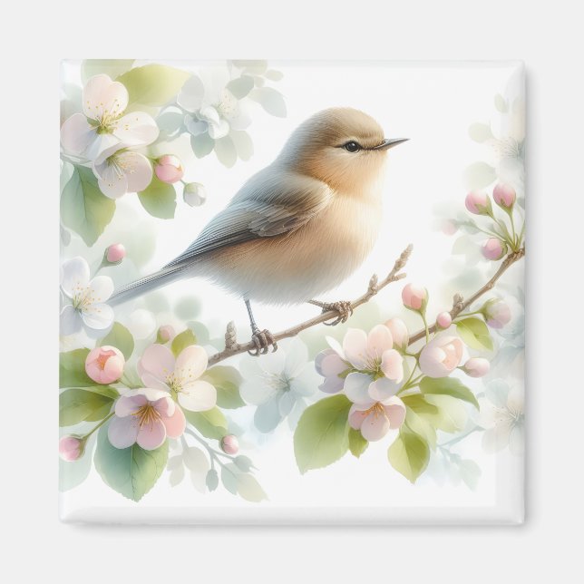 Vår Fågel Körsbärsblomning Floral Akvarell Magnet (Framsidan)