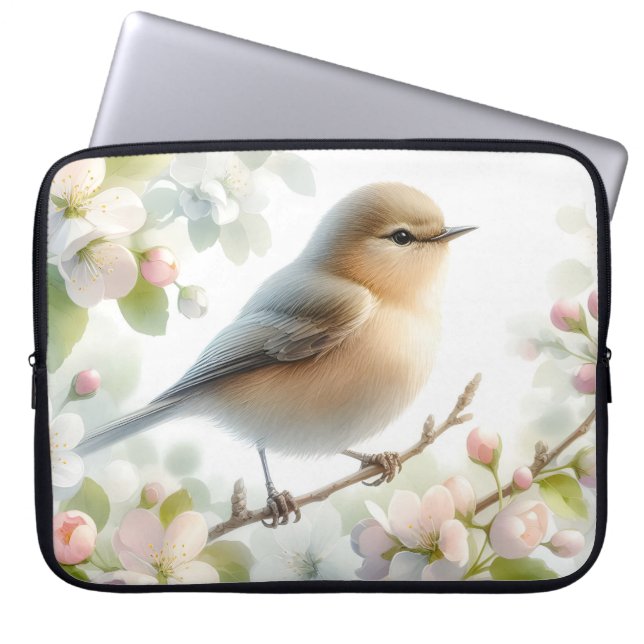 Vår Fågel Körsbärsblomning Vattenfärg Blomma Laptop Fodral (Framsidan)