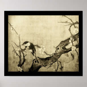 VÅR FÅGEL OCH BLOMMA TRÄD Brun Sepia Poster