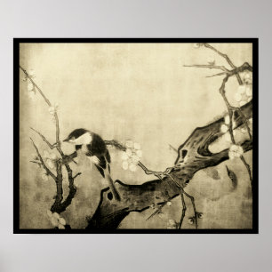 VÅR FÅGEL OCH BLOMMIG TRÄD Brun Sepia Poster