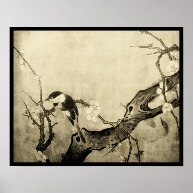 VÅR FÅGEL OCH BLOMMIG TRÄD Brun Sepia Poster (Framsidan)