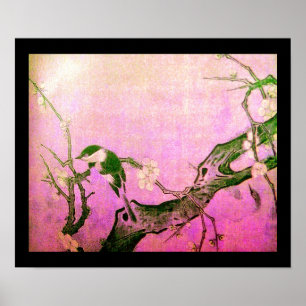 VÅR FÅGEL OCH BLOMMIG TRÄD Rosa Fuchsia Poster
