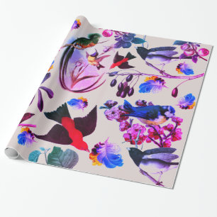 VÅR FÅGLAR, FJÄDRAR OCH FRUKTER Rosa Blue Blommigt Presentpapper