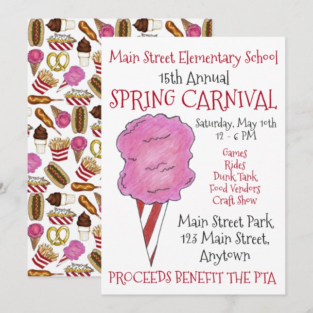 Vår Fair Carnival Festival Rosa Cotton Candy Inbjudningar (Fram/baksida)
