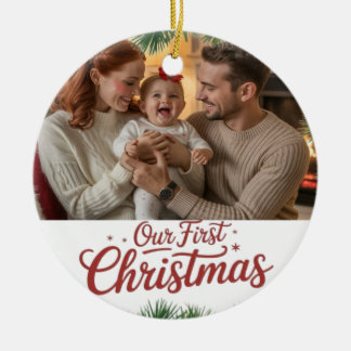 Vår familjs första jul tillsammans julgransprydnad keramik