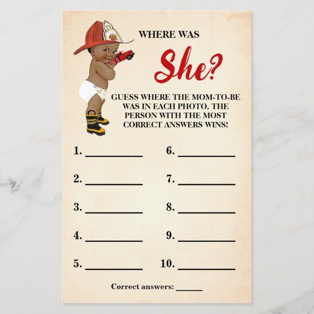 Var fanns Mamma AA Fireman Baby Shower Game Card? Flygblad (Framsidan)