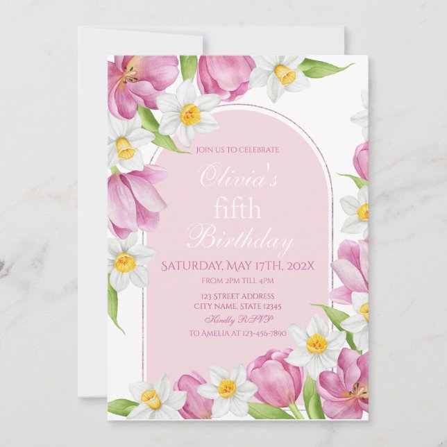 Vår färglöst blomma Barns födelsedag Inbjudningar (Framsida)