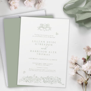 Vår Fleur de lis bröllop sage grönt white art Inbjudningar