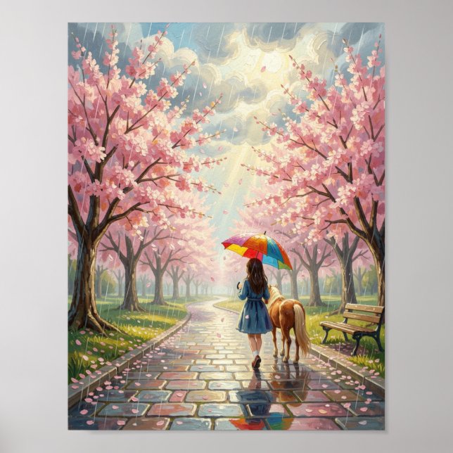 Vår - Flicka med paraply och ponny i regnpark Poster (Framsidan)