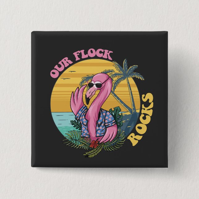 Vår flock rockar flamingo groovy retro knapp (Framsida)