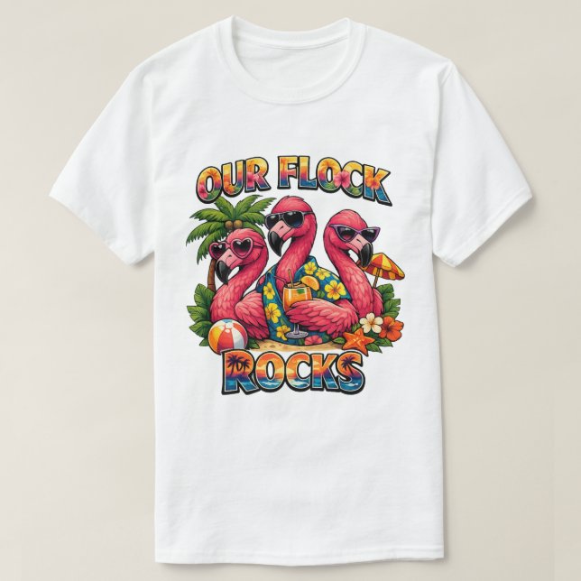Vår flock rockar rolig flamingo tropisk t shirt (Design framsida)