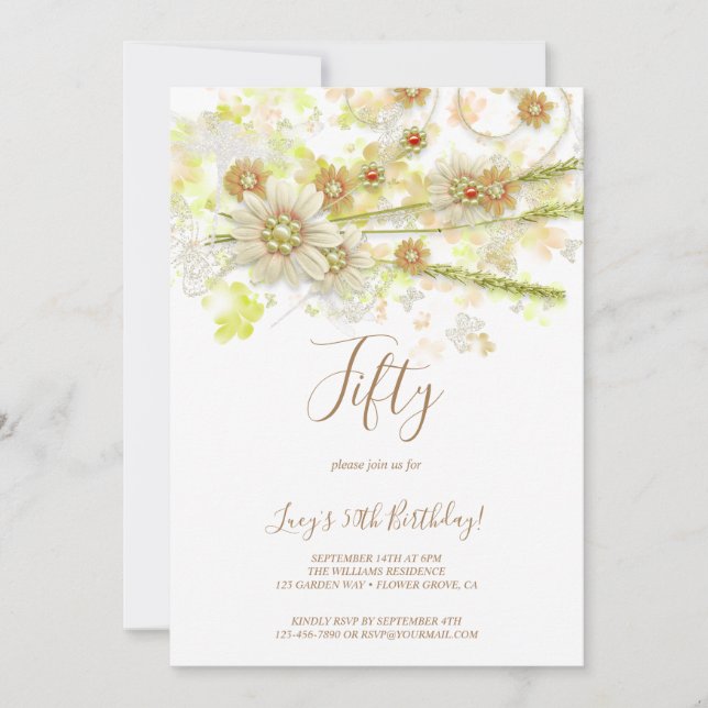 Vår Flower & Pärlor Decorative 50 Birthday Inbjudningar (Framsida)