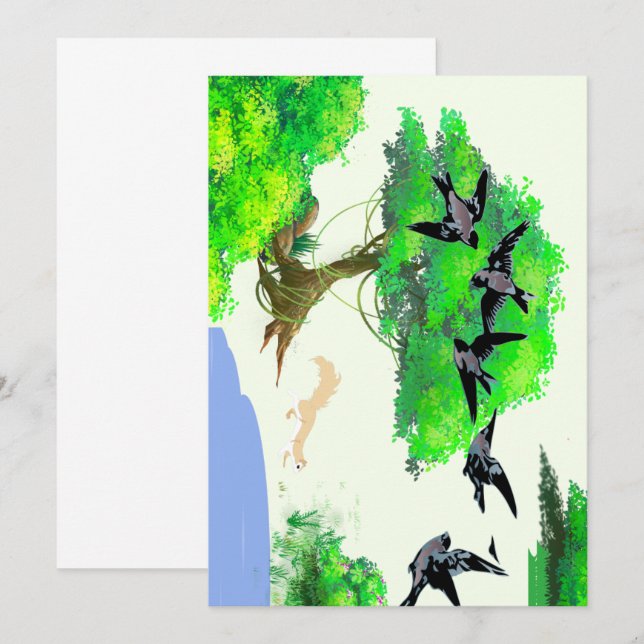 Vår Forest Life with Birds and Squirrel - Natur Inbjudningar (Fram/baksida)