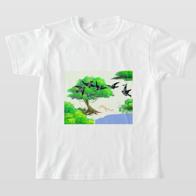 Vår Forest Life with Birds and Squirrel - Natur T Shirt (Laydown)