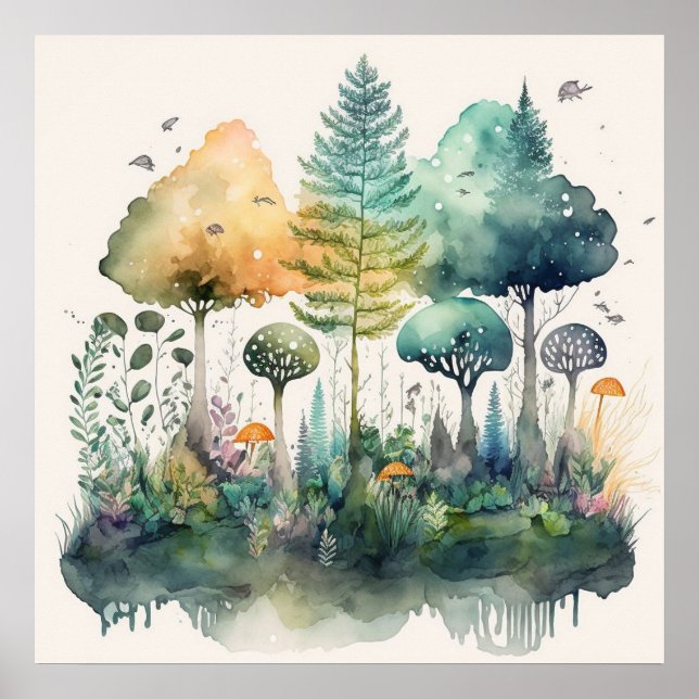 Vår Forest Watercolor Illustration Fantasy Art Poster (Framsidan)