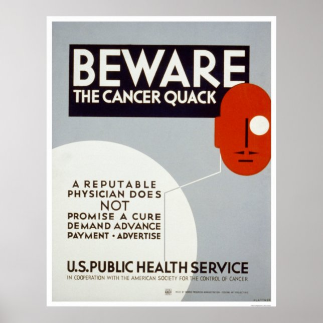 Var försiktig med Cancer Quack 1938 WPA Poster (Framsidan)