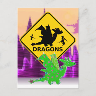 Var försiktig med Dragons Sign Cute Tecknad Dragon Vykort